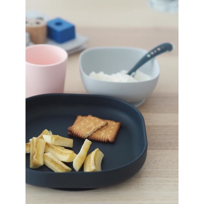 BEABA, Baby Silicone Meal Box, With Suction Cup, Anti-slip, 4 Pieces, Plate + Bowl + Glass + Spoon, Night Blue