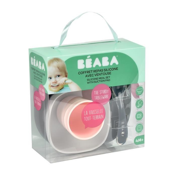 BEABA, Baby Silicone Meal Box, With Suction Cup, Anti-slip, 4 Pieces, Plate + Bowl + Glass + Spoon, Night Blue