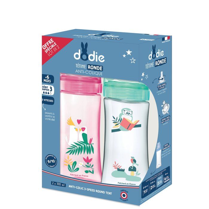 DODIE Lot of 2 anti-colic bottles Initiation + - 330ml - ROSE DANCER - round teats 3 speeds flow 3