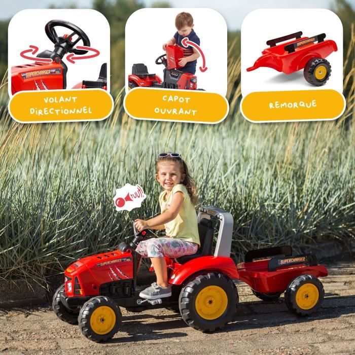 FALK - Supercharger red pedal tractor with opening hood and trailer included