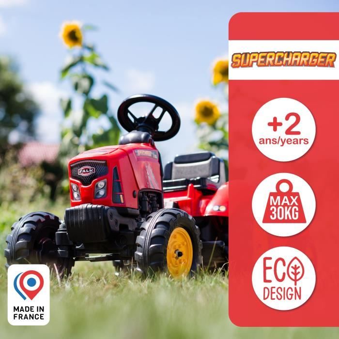 FALK - Supercharger red pedal tractor with opening hood and trailer