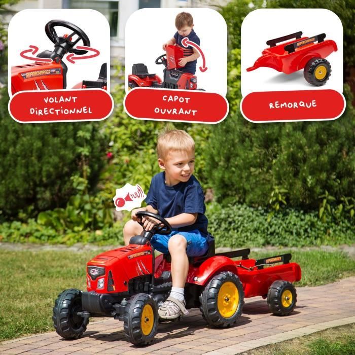 FALK - Supercharger red pedal tractor with opening hood and trailer