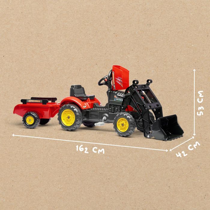 Red Supercharger pedal tractor with opening hood and trailer