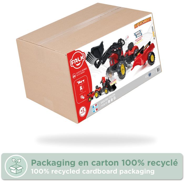 Red Supercharger pedal tractor with opening hood and trailer
