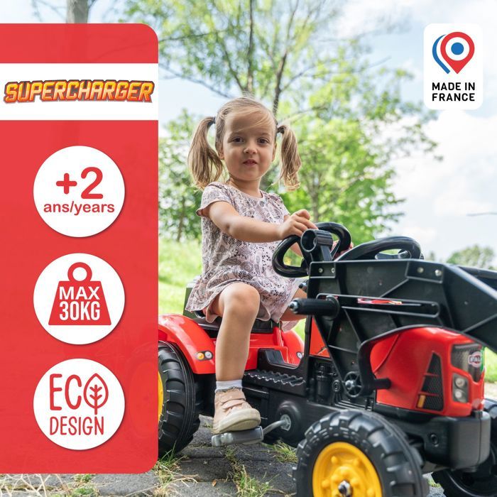Red Supercharger pedal tractor with opening hood and trailer