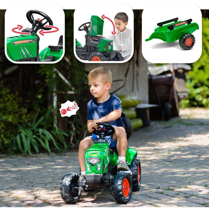 FALK - Supercharger red pedal tractor with opening hood and trailer