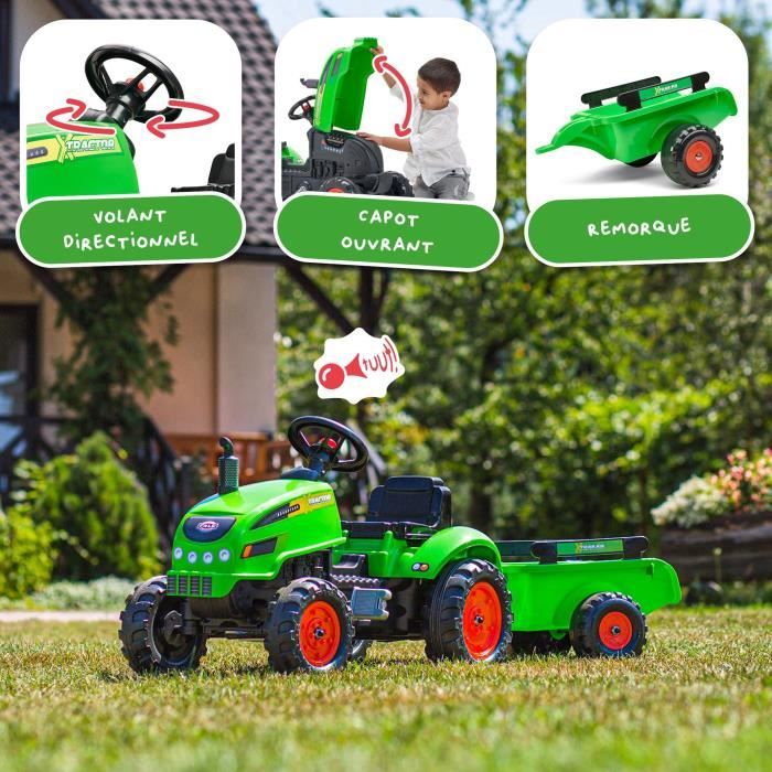 FALK - X Tractor Green Pedal Tractor w / Hood and Trailer Included