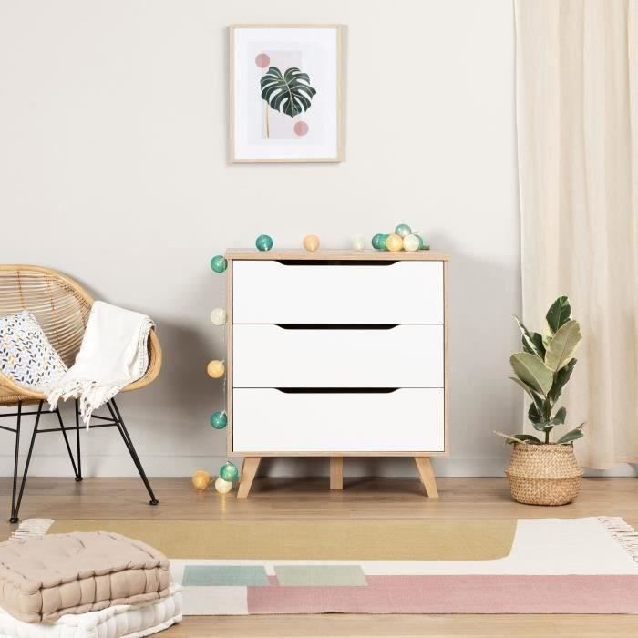 FINLAND VANKKA Scandinavian chest of drawers in oak and matt white + legs in solid wood - L 80 cm