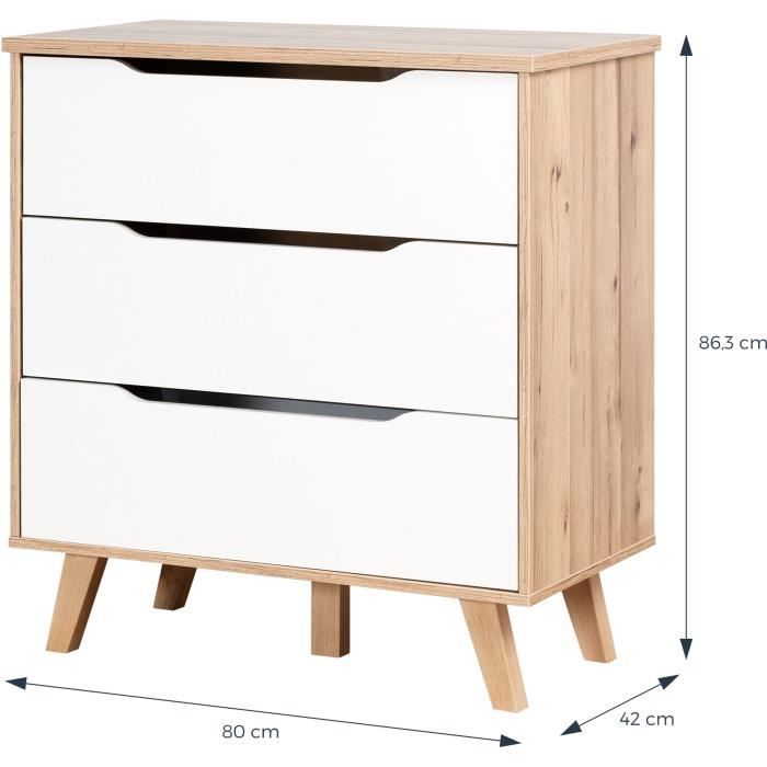 FINLAND VANKKA Scandinavian chest of drawers in oak and matt white + legs in solid wood - L 80 cm