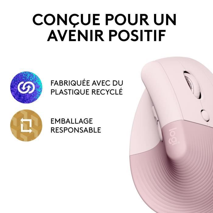 Logitech Lift Ergonomic Vertical Wireless Mouse, Bluetooth or Logi Bolt USB Receiver, Silent - Pink