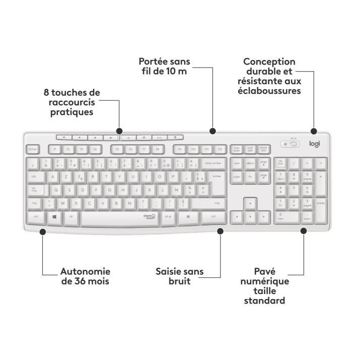 Pack Keyboard Mouse - Wireless - Logitech - MK295 - SilentTouch - Numeric keypad - French AZERTY keyboard - White