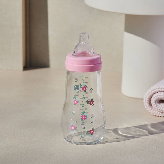 MAM Glass Bottle - 260ml - 0 to 6 Months - Teat Flow 2 - Pink
