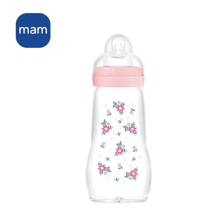 MAM Glass Bottle - 260ml - 0 to 6 Months - Teat Flow 2 - Pink