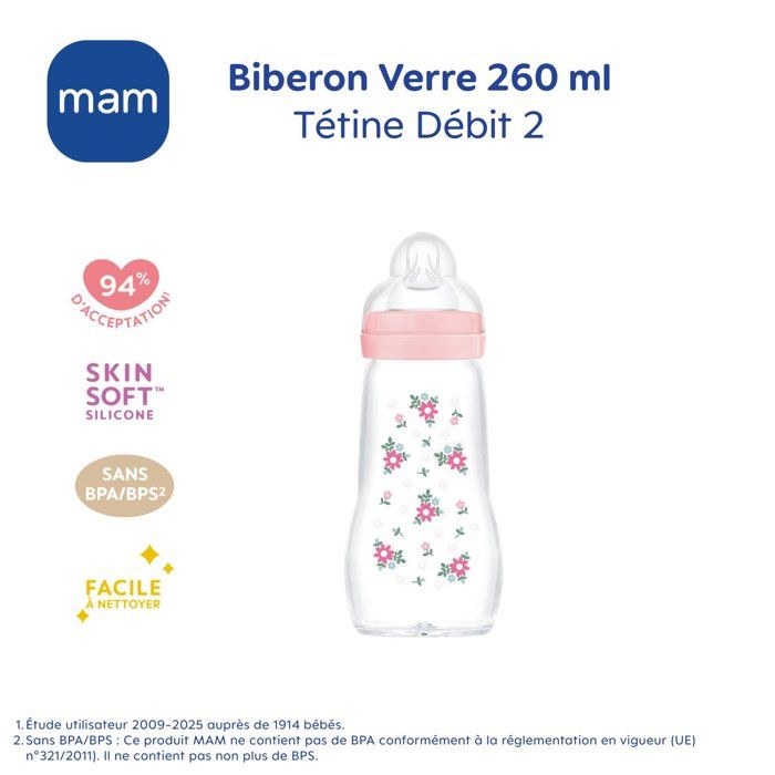 MAM Glass Bottle - 260ml - 0 to 6 Months - Teat Flow 2 - Pink