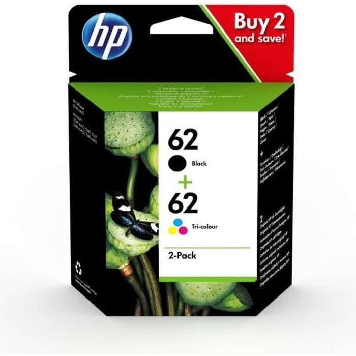 HP 62 Pack of 2 Genuine Black / Three-Color Ink Cartridges for HP Envy 5540/5640/7640 (N9J71AE)