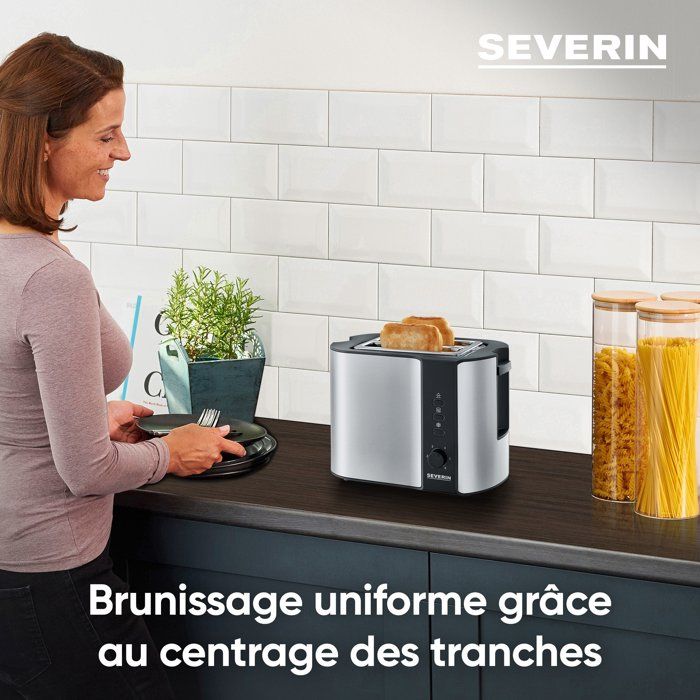 SEVERIN AT2589 Toaster, 2 slots for 2 slices: toasting, thawing and reheating, pastries rack, self-centering, stainless steel