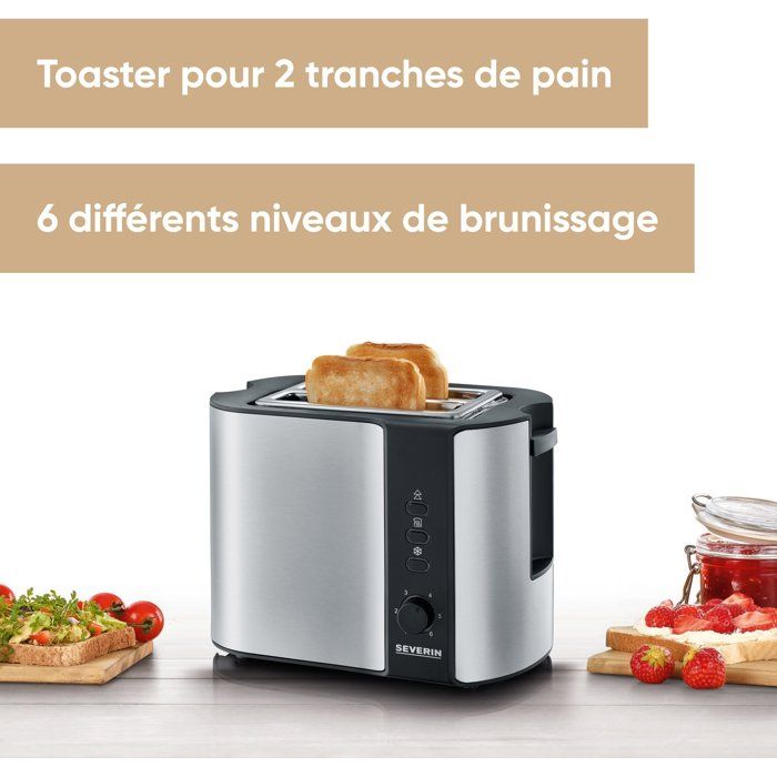 SEVERIN AT2589 Toaster, 2 slots for 2 slices: toasting, thawing and reheating, pastries rack, self-centering, stainless steel
