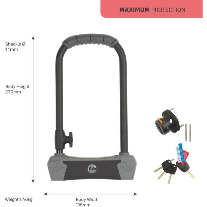 YALE Anti-Theft U - High Security - Sold Secure Gold certified - For Bicycle, MTB - 230 x 115 x 14 mm