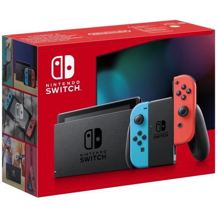 Nintendo Switch console with a neon red joy-con and a neon blue joy-con