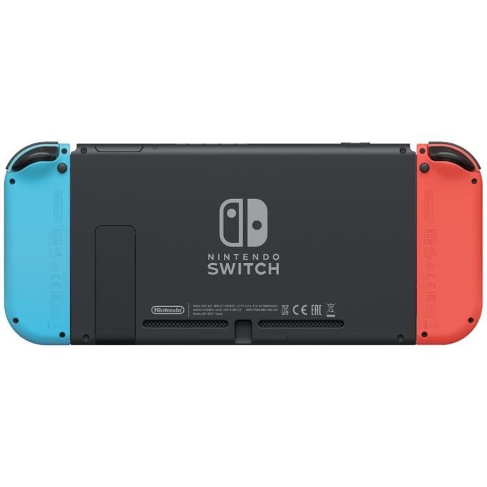 Nintendo Switch console with a neon red joy-con and a neon blue joy-con