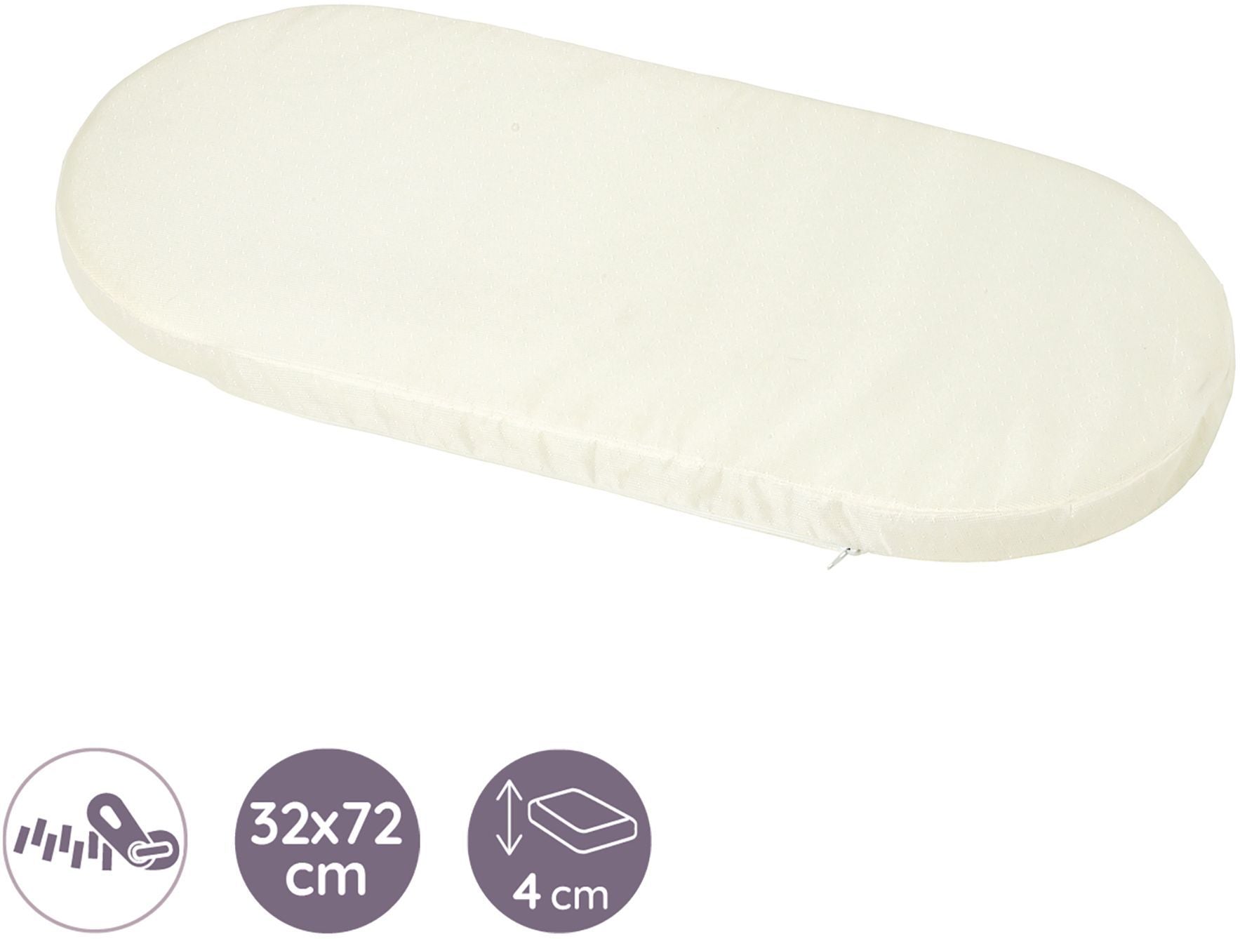 Pram mattress - 72 x 32 cm - Removable cover - Antibacterial - Anti-mold - Anti-mite - Thickness 4 cm - Made in France
