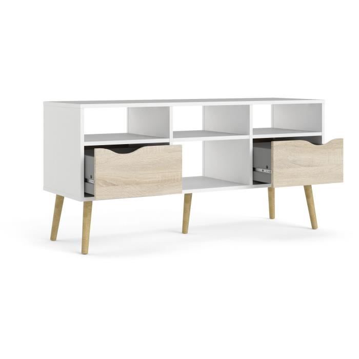 TV cabinet - 4 niches 2 drawers - White / Oak - 117.2 x 39.1 x 57.4 cm
