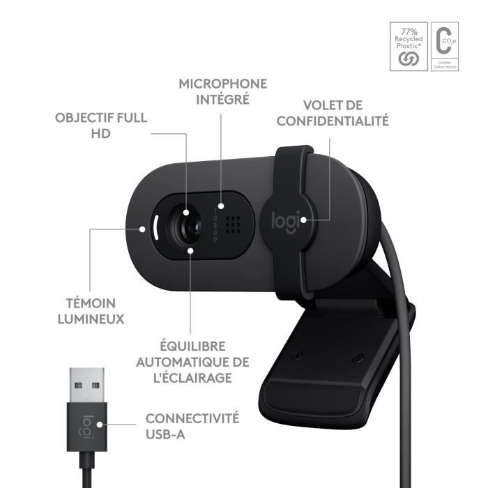 Webcam - Full HD 1080p - LOGITECH - Brio 100 - Integrated microphone - Graphite - (960-001585)