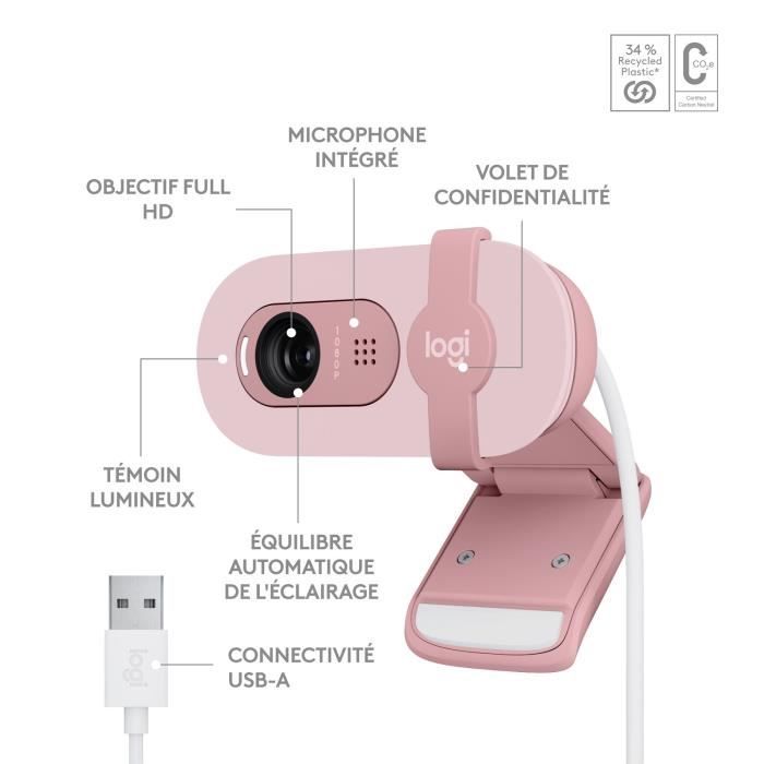 Webcam - Full HD 1080p - LOGITECH - Brio 100 - Integrated microphone - Pink - (960-001623)