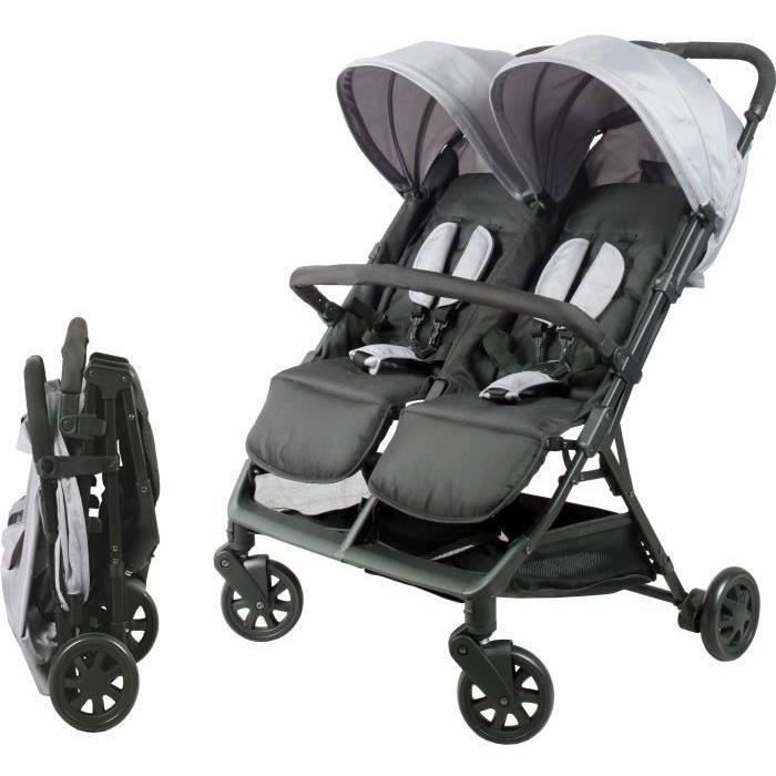 Bambisol - DS209 GREY BLACK - Side-by-Side Double Stroller | For Twins from Birth, Ultra-Compact Fold | Black Grey