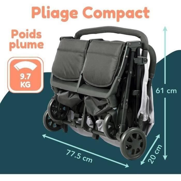 Bambisol - DS209 GREY BLACK - Side-by-Side Double Stroller | For Twins from Birth, Ultra-Compact Fold | Black Grey