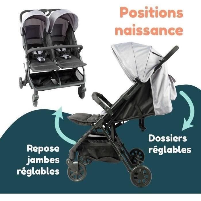 Bambisol - DS209 GREY BLACK - Side-by-Side Double Stroller | For Twins from Birth, Ultra-Compact Fold | Black Grey
