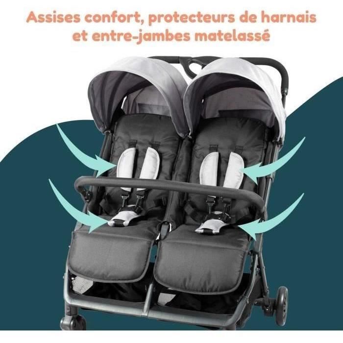 Bambisol - DS209 GREY BLACK - Side-by-Side Double Stroller | For Twins from Birth, Ultra-Compact Fold | Black Grey
