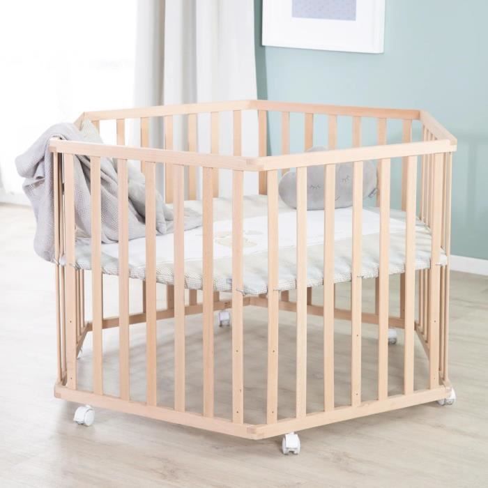 Hegaxonal Baby Playpen - ROBA - LIEBHABEAR - Height Adjustable - Removable Base - 6 Braked Wheels - Natural Wood - Teddy Bear Pattern