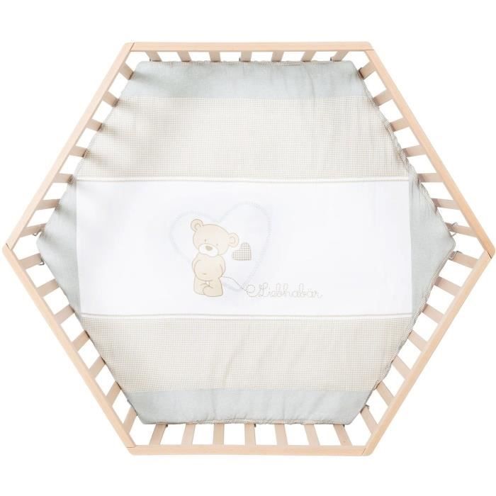 Hegaxonal Baby Playpen - ROBA - LIEBHABEAR - Height Adjustable - Removable Base - 6 Braked Wheels - Natural Wood - Teddy Bear Pattern