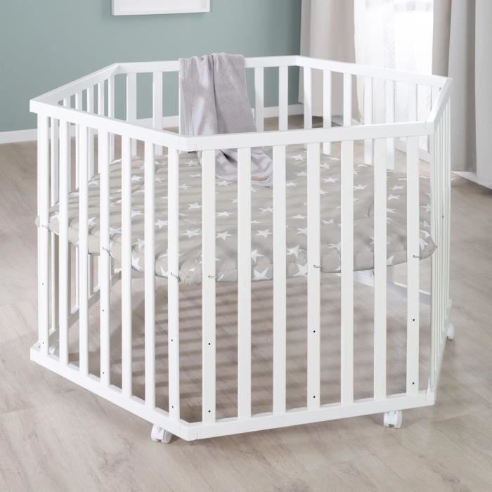 ROBA LITTLE STARS Hegaxonal Baby Playpen - Adjustable Height - Padded Cover - Braked Wheels - White Lacquered Wood - Star Pattern