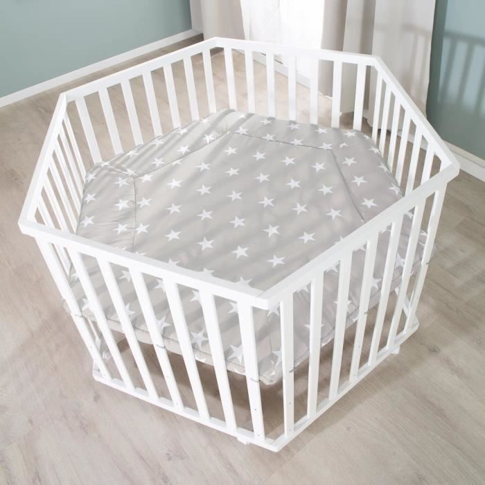 ROBA LITTLE STARS Hegaxonal Baby Playpen - Adjustable Height - Padded Cover - Braked Wheels - White Lacquered Wood - Star Pattern