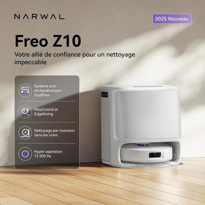 NARWAL Freo Z10 - Robot Vacuum and Mop with Anti-Tangle System - 15,000 Pa - Autonomous Base - Cleans at 75°C