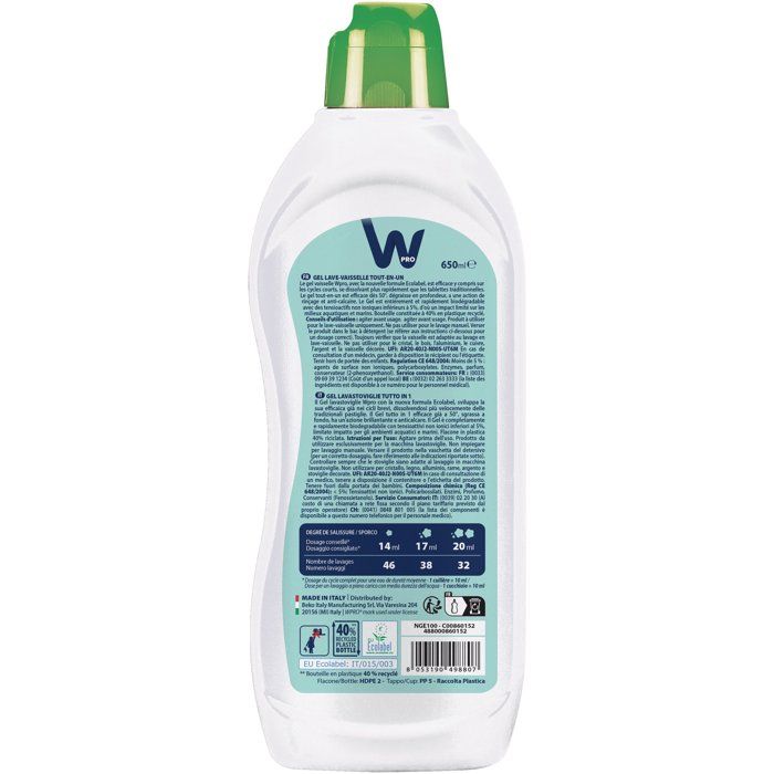 Dishwasher Gel - WPRO - NGE100 - Ecolabel - All-in-One Detergent - 650 ml