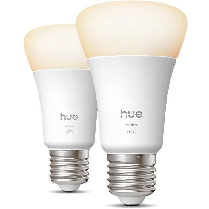 Pack de 2 ampoules LED connectées A60 - PHILIPS HUE - Lumiere blanche chaude - 2700K - Culot E27 - 9,5 W - 1100 lumens
