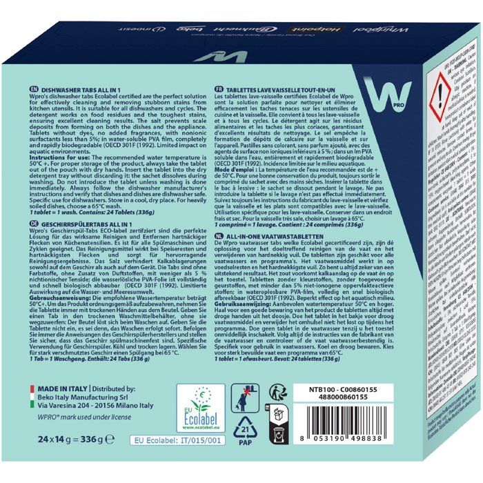 Dishwasher Tablets - WPRO - NTB100 - Ecolabel - Multi-purpose - 24 doses
