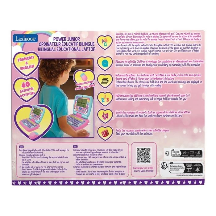 LEXIBOOK - Power Kid Bilingual Talking Educational Laptop: Unicorn  40 activities in French and English