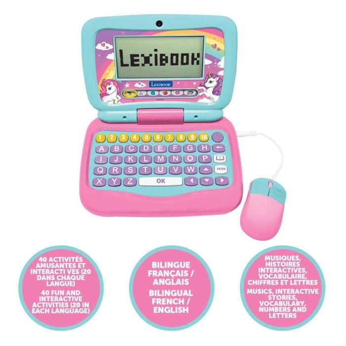LEXIBOOK - Power Kid Bilingual Talking Educational Laptop: Unicorn  40 activities in French and English