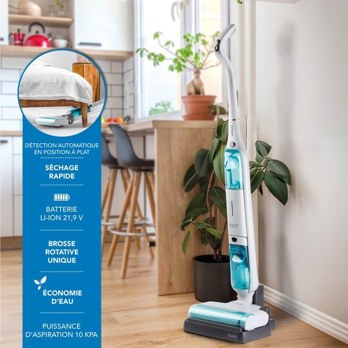 Aspirateur balai laveur - DOMO DO253SW - 10 000 Pa - 35 min - 75 m² - 450 ml - Blanc / Bleu