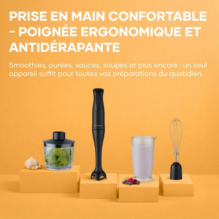 3-in-1 Hand Blender - SEVERIN - SM3762 - 350 W - Removable Shaft - 700 ml Measuring Cup + Mini Chopper + Whisk - Black