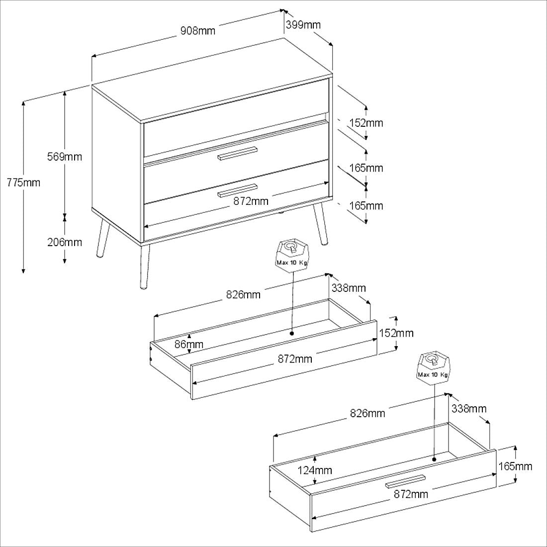 Chest of drawers - AALBORG - 3 drawers - White - Scandinavian style - 90.8 x 40 x 77.5 - PARISOT