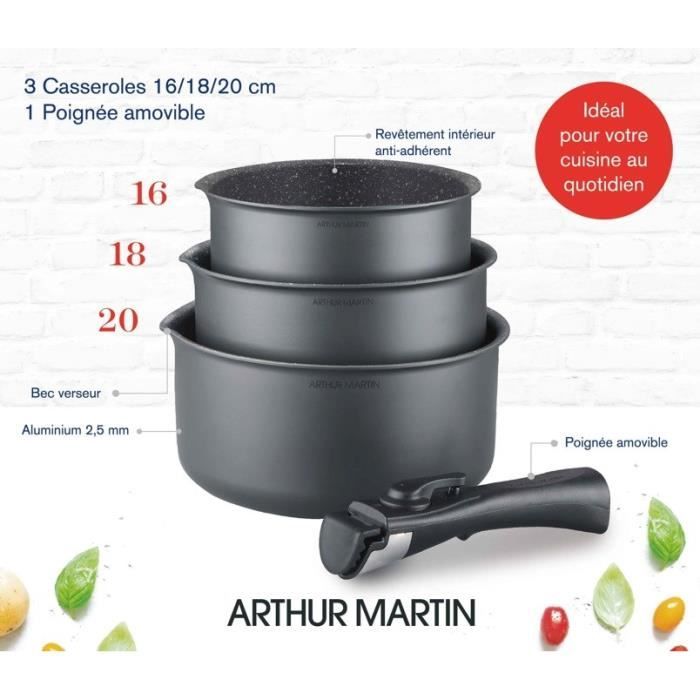 Arthur Martin AM777GM kitchen battery set of 3 pans - matt gray 16-18-20 cm + 1 removable handle - All lights including induction