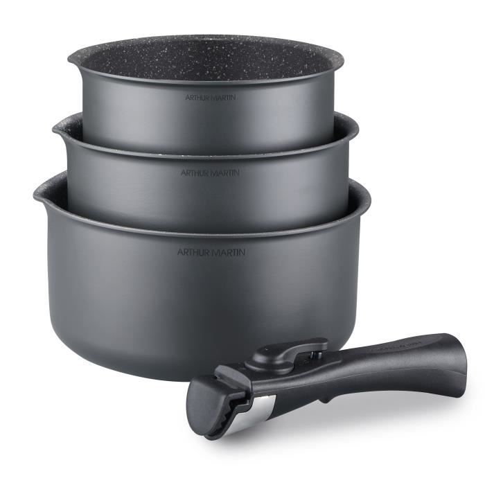 Arthur Martin AM777GM kitchen battery set of 3 pans - matt gray 16-18-20 cm + 1 removable handle - All lights including induction