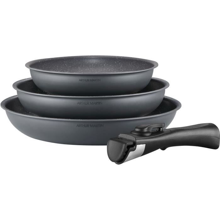 Arthur Martin AM521gm kitchen battery set with 3 stoves - matt gray 20-24-28 cm + 1 removable handle - All lights including induction