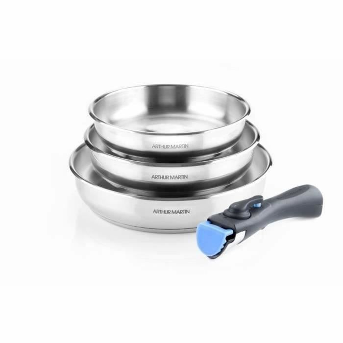 Set of 3 stoves 20-24-26 cm Arthur Martin AM1410 - Stainless steel - Removable handle - All lights including induction