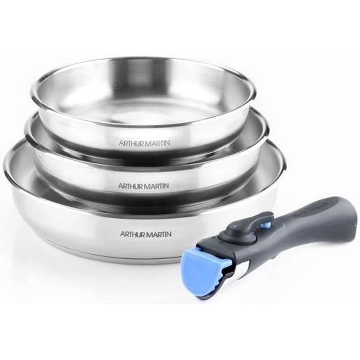 Set of 3 stoves 20-24-26 cm Arthur Martin AM1410 - Stainless steel - Removable handle - All lights including induction